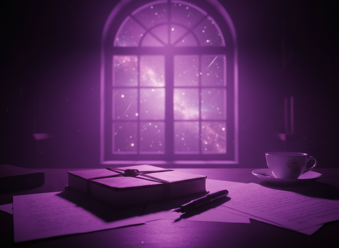 A writer's desk with an open notebook lit by soft violet glow beside a window showing cosmic purple light