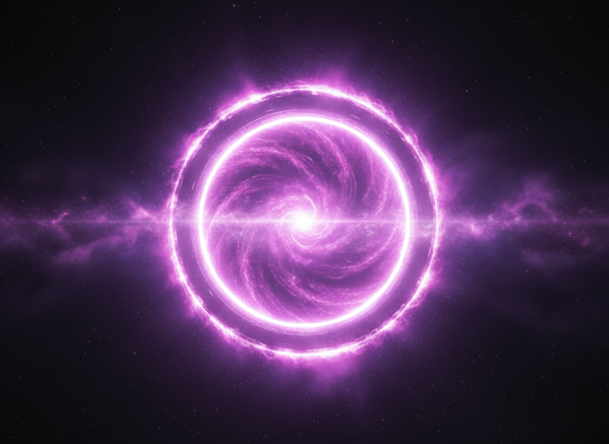 A massive glowing circular interdimensional portal radiating violet and fuchsia light in dark space